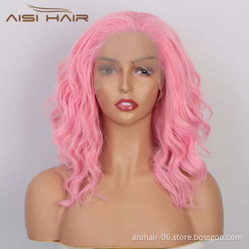 Aisi Hair Wholesale Medium Long Body Wavy Pink Wig Long Wavy Swiss Lace Wig Synthetic Lace Frontal Hair Wigs For Black Women